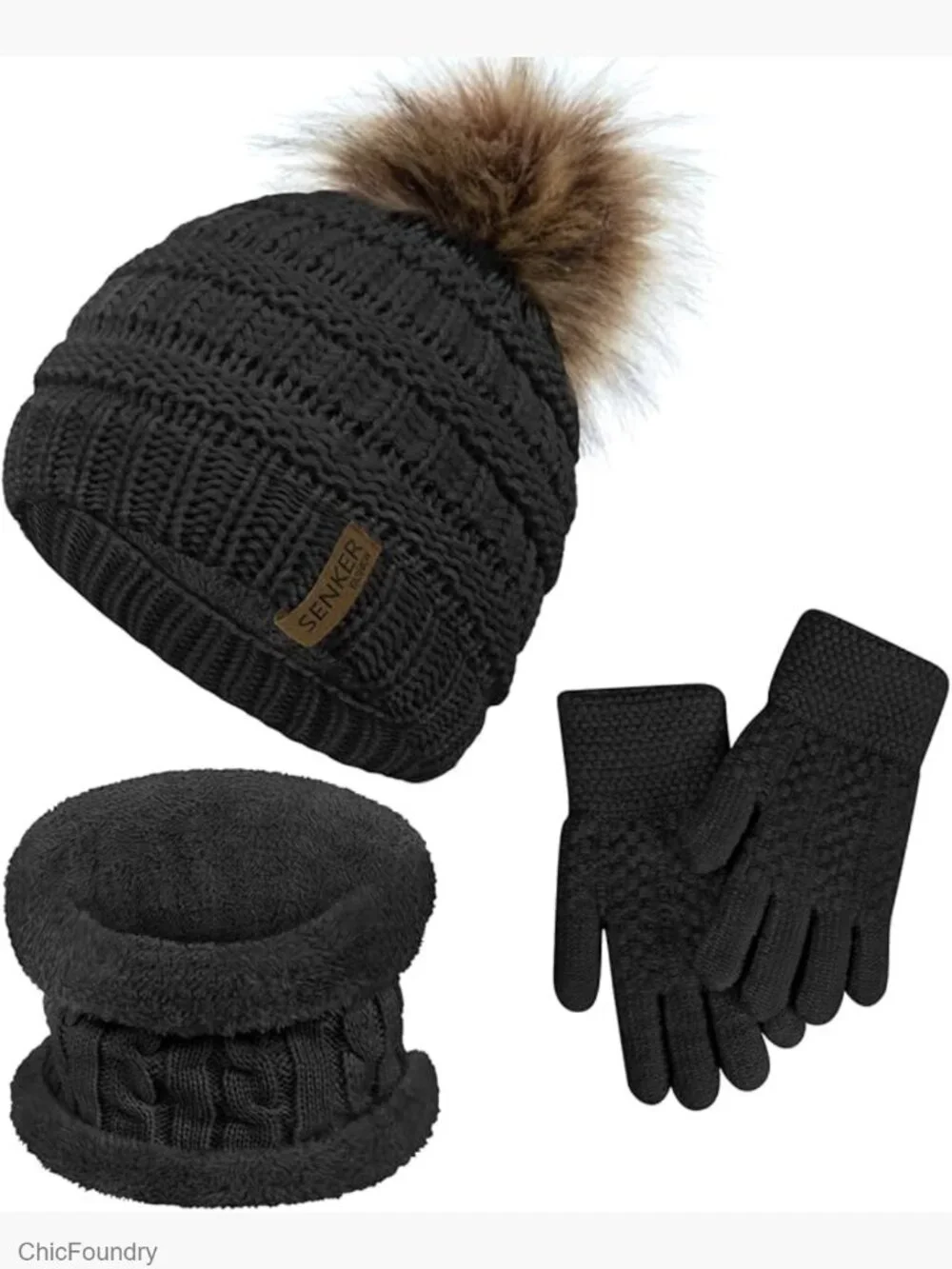 Kids Winter Pompom Hat and Gloves Set Fleece Lined Warm